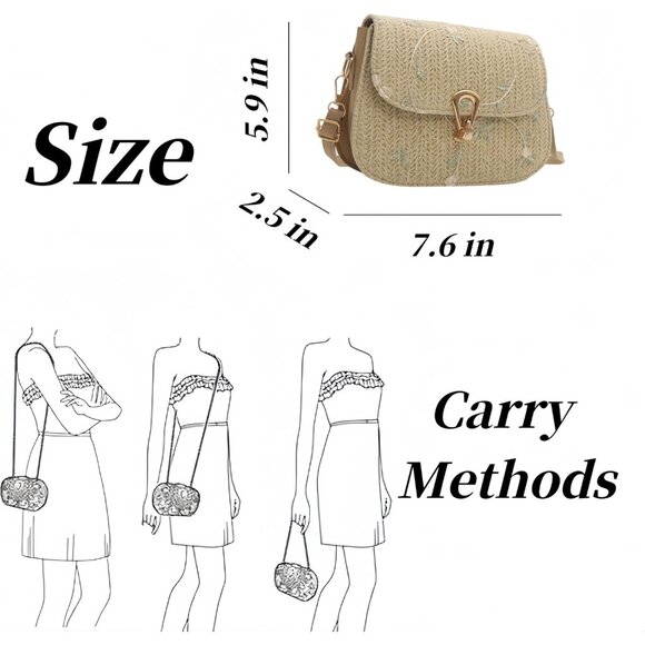 Women Small Embroidered Crossbody Braided Straw Bag Khaki Lightweight - Picture 6 of 7
